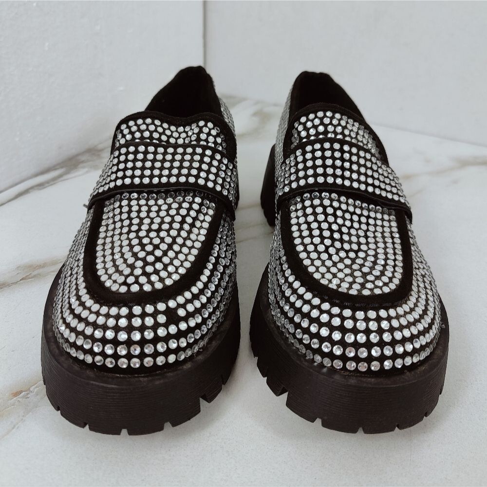Bamboo Miranda Black Rhinestone Platform Lug Sole Chunky Loafers, 7.5 - Picture 3 of 11